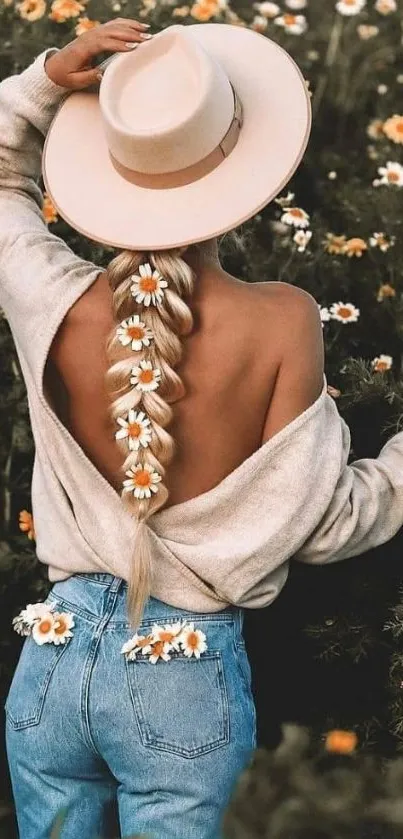 Woman with daisies in hair stands in field.