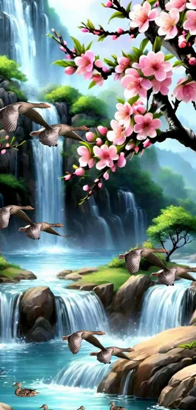 Serene waterfall with cherry blossoms and birds.