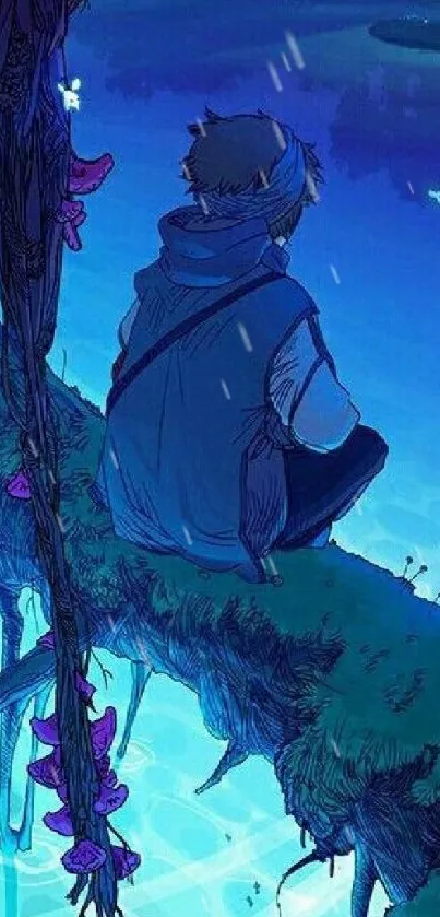 Anime character sits on a tree in a serene blue scene.