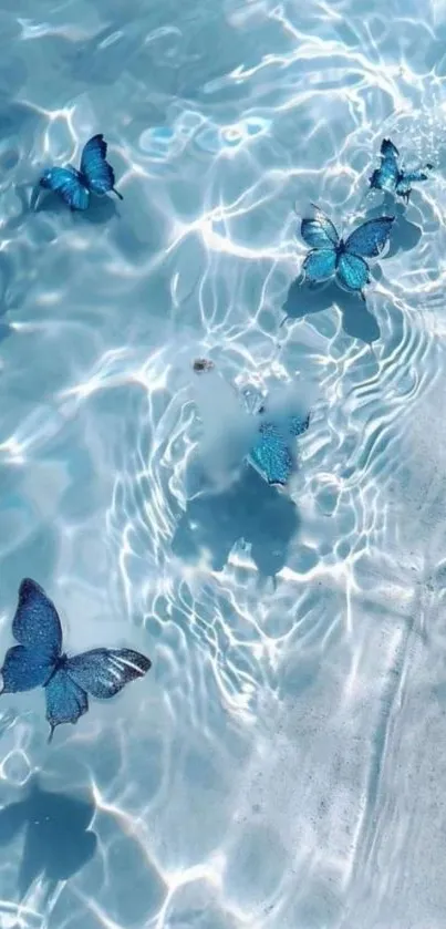 Blue butterflies over rippling water in light blue wallpaper.