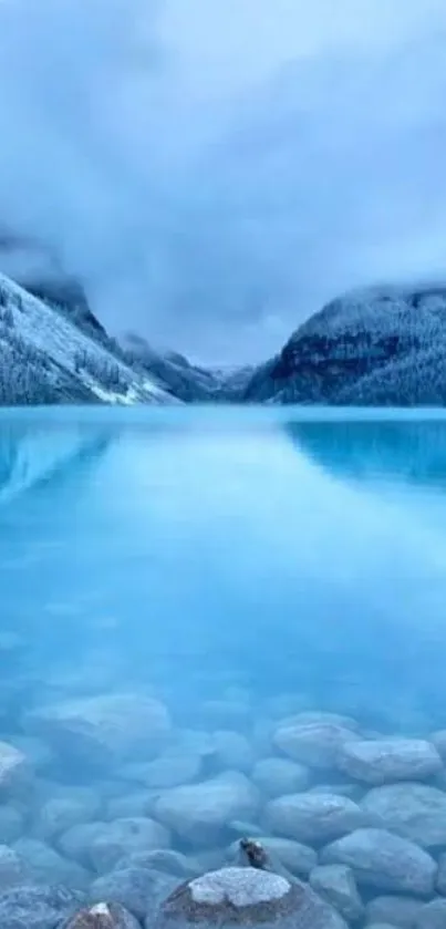 Serene blue lake amidst snowy mountains.