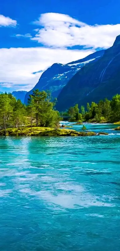 Serene blue river and lush green landscape wallpaper.