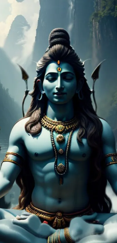 Tranquil blue-toned artwork of Shiva meditating by a waterfall.