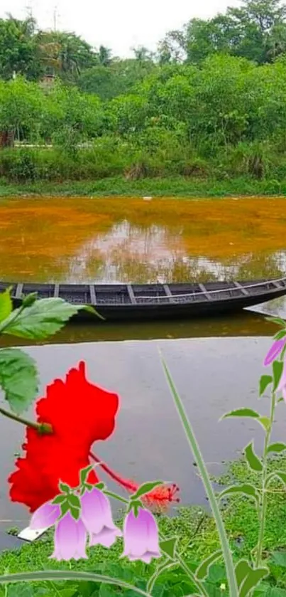 Peaceful lake scene with boat and vibrant flowers.