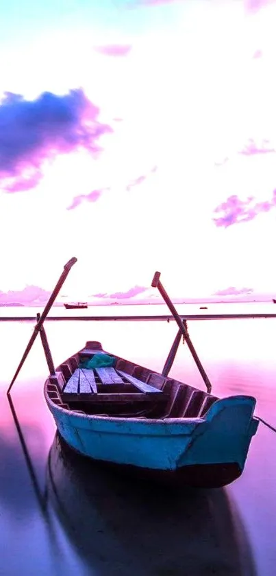 Tranquil boat at sunset on calm waters with purple pink sky.