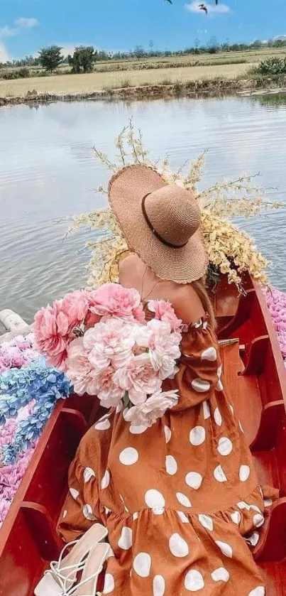 Woman in polka dot dress on a flower-laden boat on a serene lake.