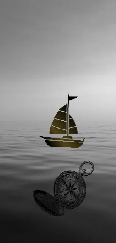 Minimalist sailboat on calm ocean with a cloudy horizon.