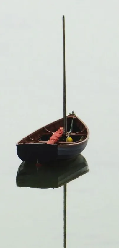 Minimalist wallpaper of a boat reflecting on calm, light gray waters.