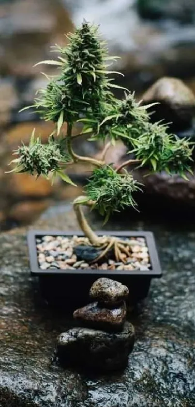 Bonsai tree with stones on a tranquil stream background.