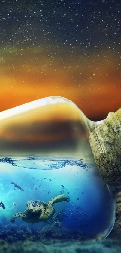 Underwater dreamscape in bottle at night under a starry sky.