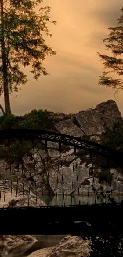 Silhouette of bridge with trees and evening sky.