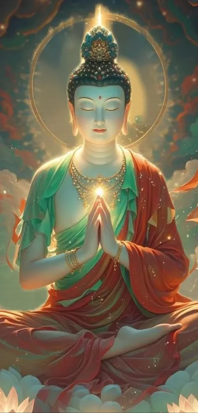 Buddha meditating with lotus flowers and serene glow.