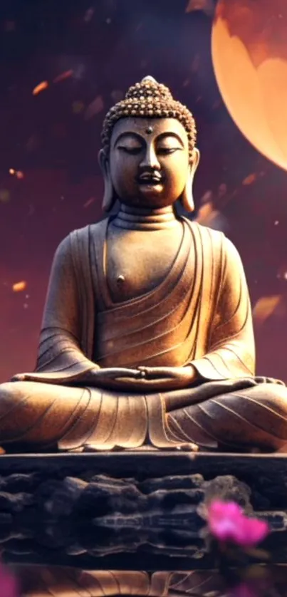 Peaceful Buddha statue with twilight backdrop for mobile wallpaper.