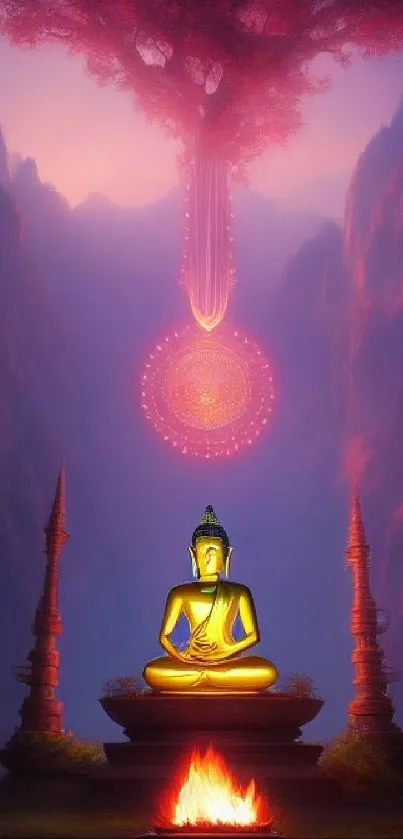 Buddha meditating in a mystical, serene landscape with glowing sacred tree.