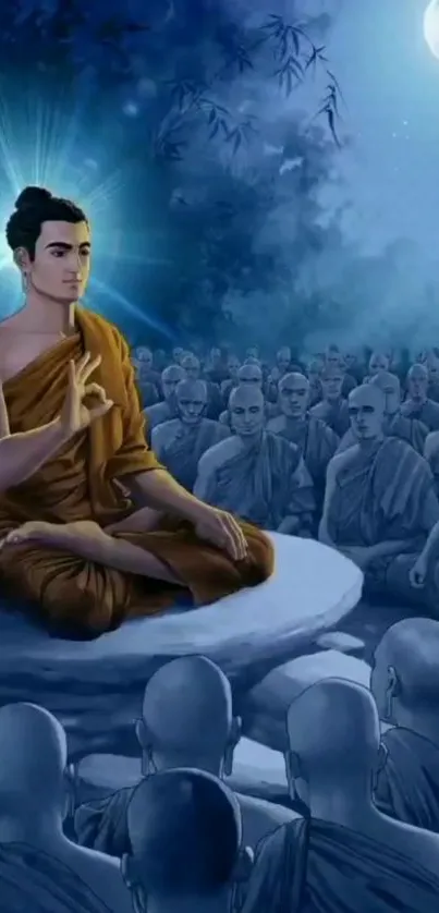 Buddha meditating on a moonlit night surrounded by monks.