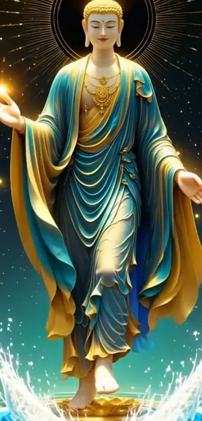 Vibrant Buddha statue with flowing robes and radiant halo.