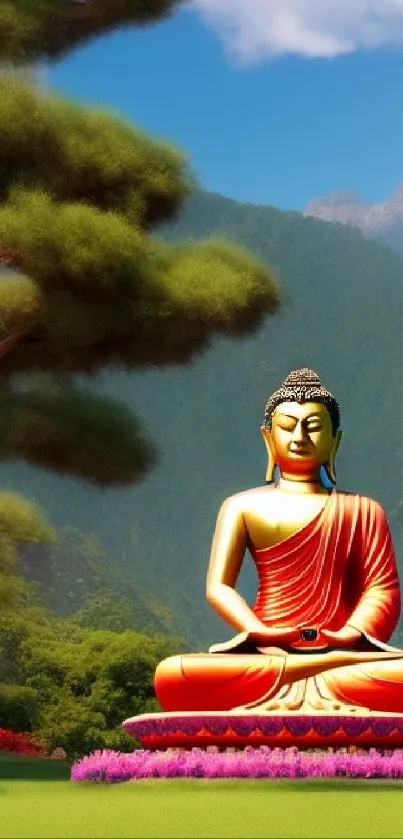 Buddha statue in a serene, lush mountain landscape.