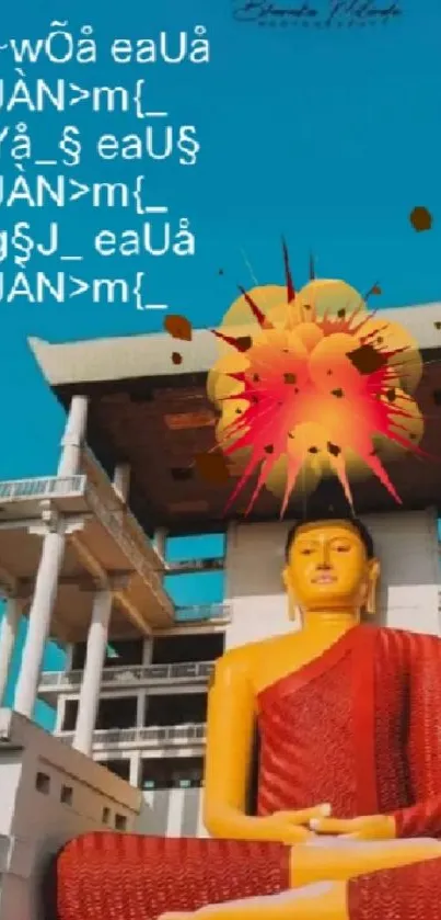 Golden Buddha statue with blue sky backdrop.