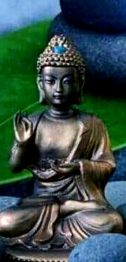 Tranquil Buddha statue with stones and green leaf.