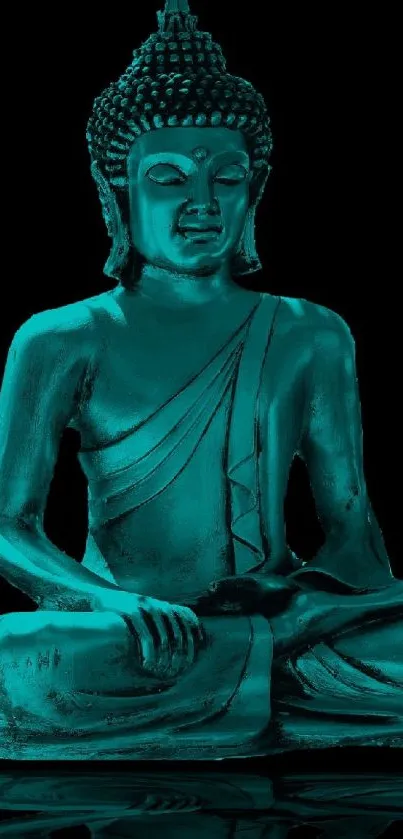 Teal Buddha statue wallpaper on black background.