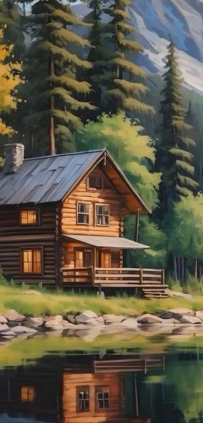 Cozy forest cabin with lake reflection under mountain.
