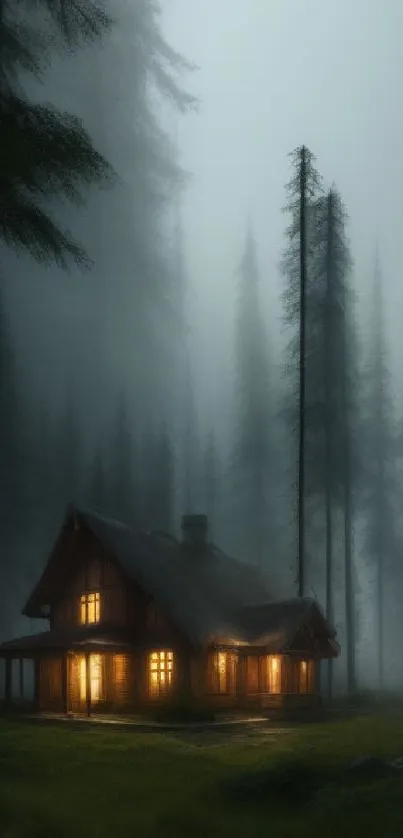 Cozy cabin in misty forest setting, illuminated warmly.