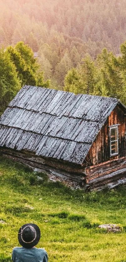 Person sitting by rustic cabin in lush green landscape at sunset.