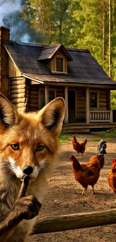 Fox near cabin with chickens in a forest setting.