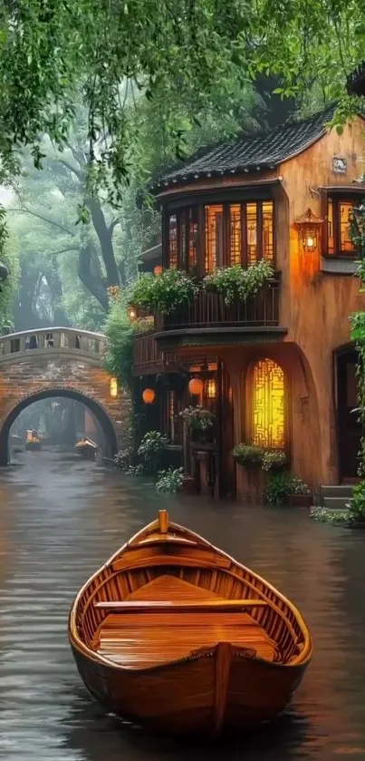 Wooden boat by scenic canal house surrounded by greenery.