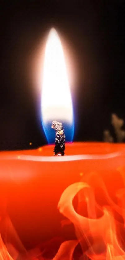 Close-up of two glowing red candles in the dark.