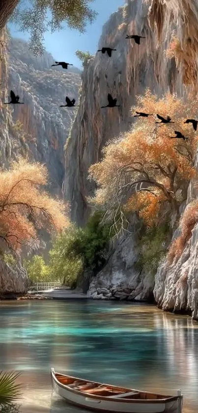 Canyon scene with boat and birds over water.