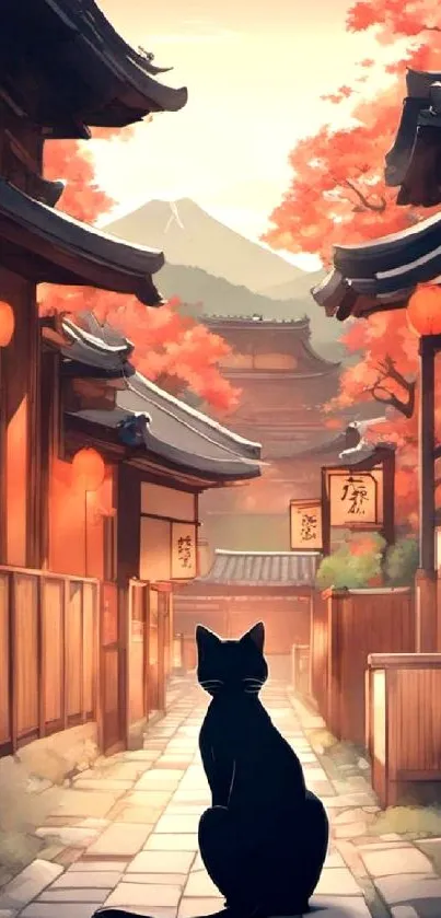 Black cat on a serene Japanese street with warm autumn hues and sunset.