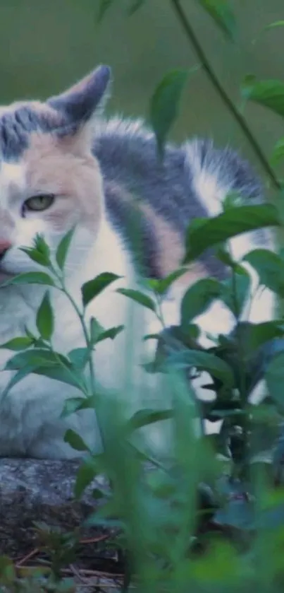 Cat surrounded by lush greenery, capturing a tranquil outdoor moment.