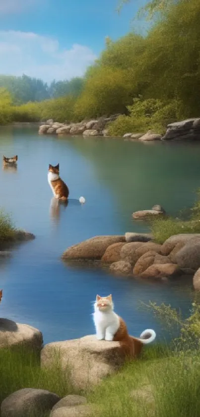 Cats by a peaceful river amidst lush greenery.