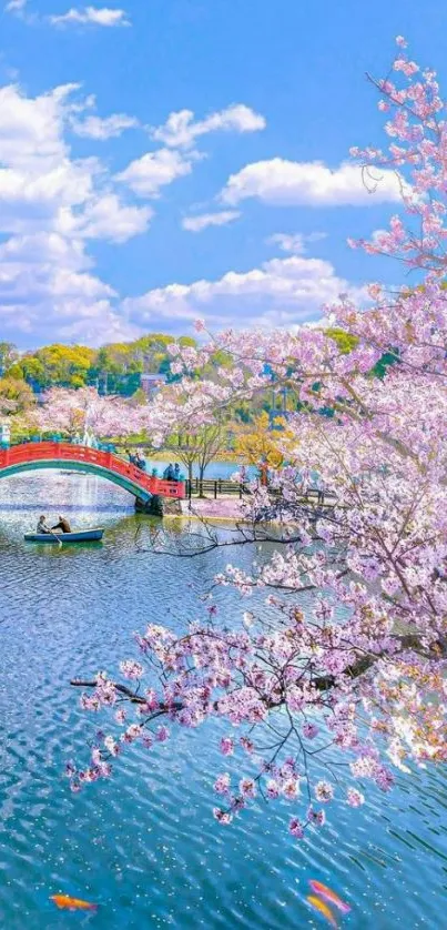 Cherry blossom scene with a red bridge over a tranquil lake under a blue sky.