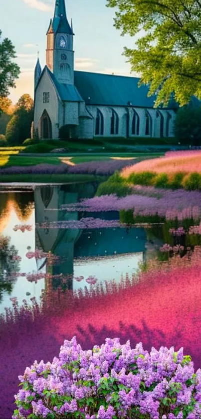 Tranquil church by a reflective lake with blooming purple flowers.