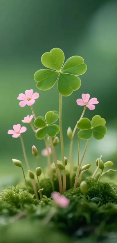 Close-up of a clover plant with pink flowers in a tranquil setting.