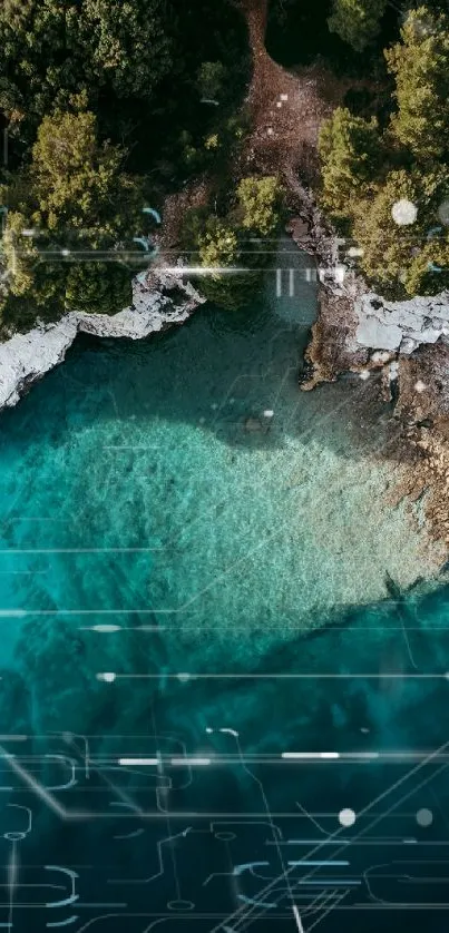 Aerial view of a tranquil coastline with trees and turquoise water.