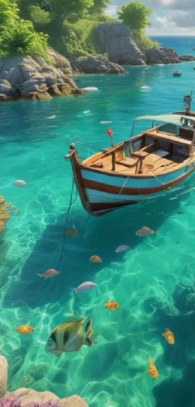 A wooden boat floats on turquoise waters, surrounded by fish.