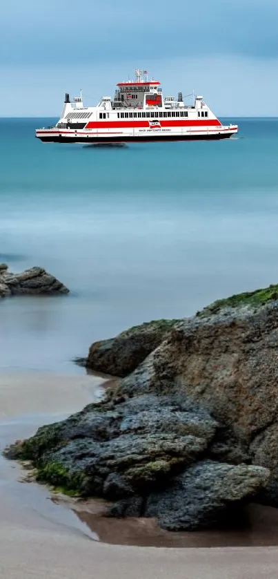 Ferry on calm ocean with rocky shores in a serene coastal scene.