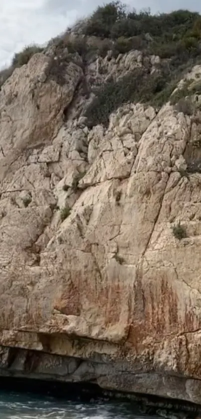 Cliffside by the sea with rocks and waves on a calm shore.