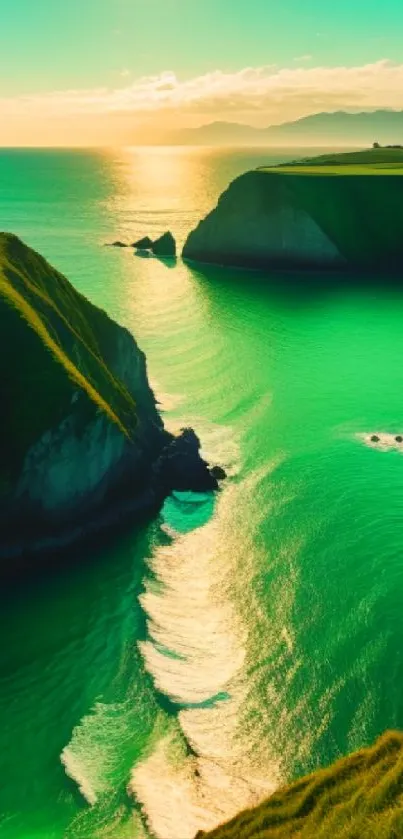 Coastal landscape with green cliffs and turquoise waters under a bright sun.