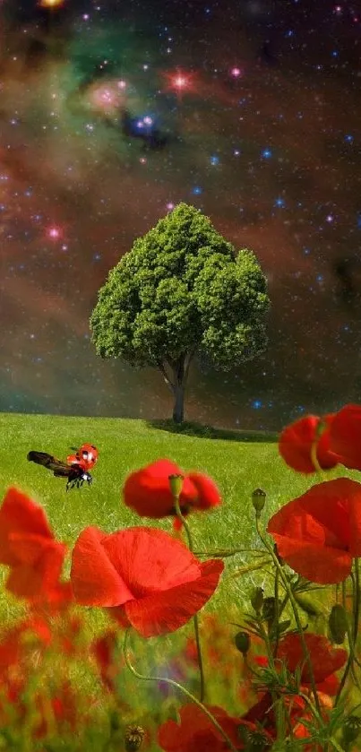 Lone tree under starry sky with red poppies in foreground.