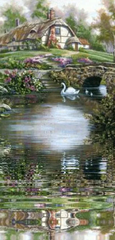 Cottage by a tranquil lake with swan.