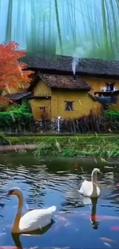 Serene lake with swans and cottage amid bamboo and autumn leaves.