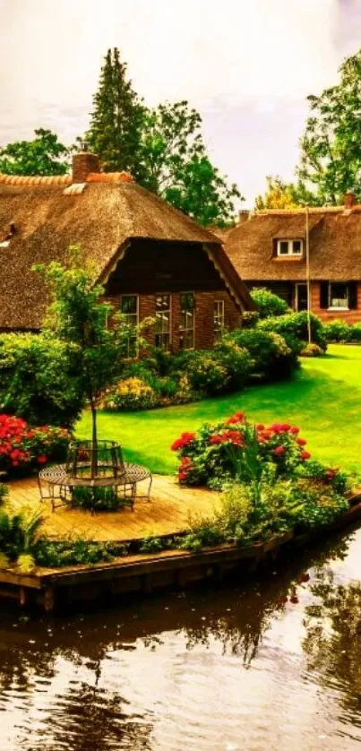 Peaceful country cottage with lush garden reflection.