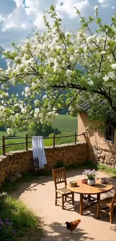 Tranquil countryside garden with blossoming tree and stone patio.