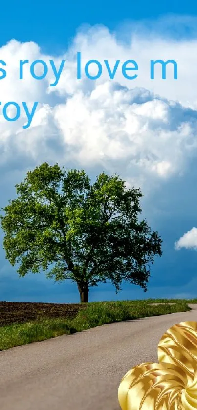 Countryside road with tree under blue sky and golden heart.