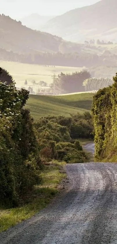 Tranquil countryside path with lush greenery and distant hills.