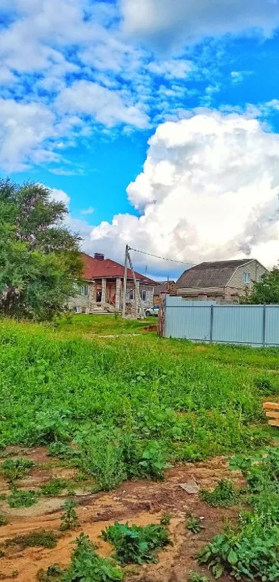 Peaceful countryside scene with greenery under blue skies.